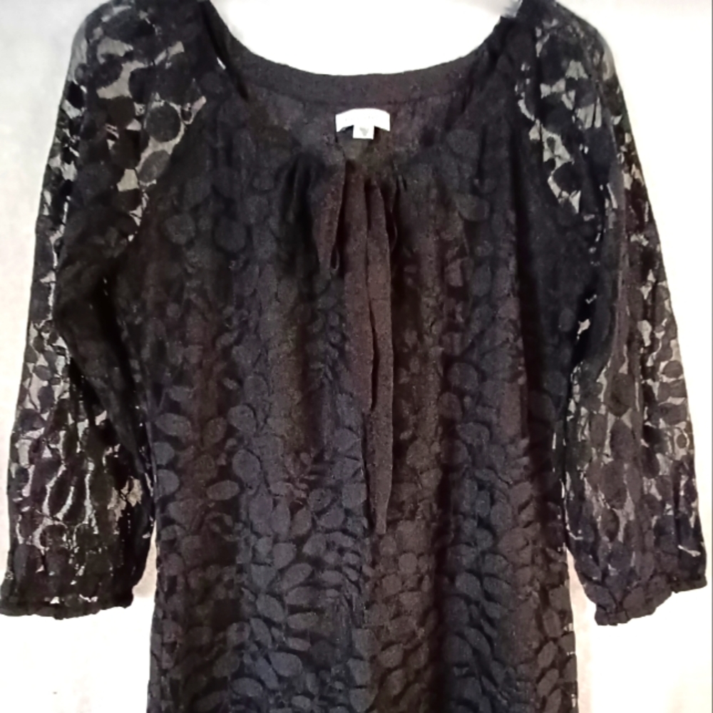 Garnet Hill Bohemian Black Easy Lace Shift  Dress 3/4 Sleeve Elastic Cuff Sz 04